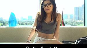 I auditioned as a teen with glasses on casting couch, showing my natural tits and getting hardcore for the first time