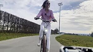 Beautiful blonde biker vlogs outdoor adventures on wheels