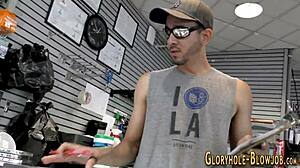 blonde in garage gloryhole sucks monster cock and gets cum in mouth