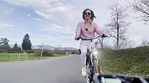 Beautiful blonde biker vlogs outdoor adventures on wheels