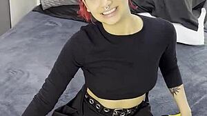 Tiny emo goth teen faces intense creampie after interview.