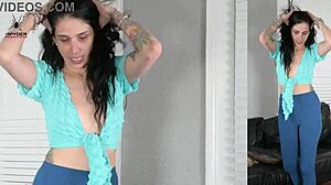 Jazmin stuns in leggings and wrap shirt for a hot photoshoot. Her curvy Latina body shines in every homemade POV angle.