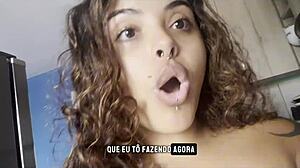 Curvy amateur goes naked for coffee, chatting with big breasts on display.