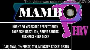 Bruna Santos, 20-year-old Brazilian beauty, takes on three huge dicks in intense anal DP action.