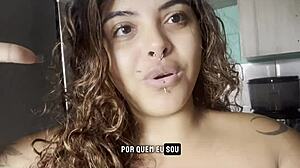 Curvy amateur goes naked for coffee, chatting with big breasts on display.