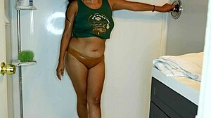 Latina woman wets her pants and panties, then strips and takes a shower