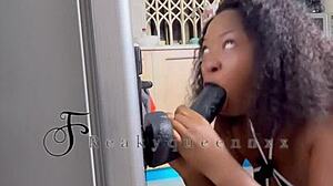 Hot milf camgirl contrasts softcore with intense dildo fucking in kitchen