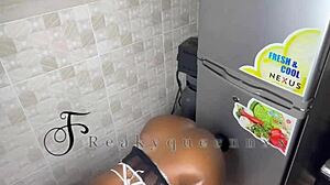 Hot milf camgirl contrasts softcore with intense dildo fucking in kitchen