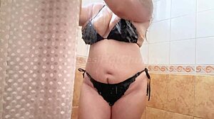 Horny big tits milf teases hairy pussy in shower!