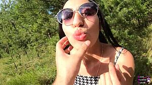 Long-haired girl next door rides in the forest with her neighbor