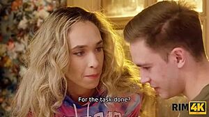 Stranger gets a wild rimjob with big European fake tits in play.