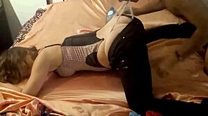 white slut in satin thong and dress gets pov blowjob and doggy