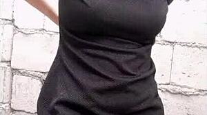 feeling the huge dildo deep inside her hairy pussy in the construction site