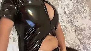 Big natural tits in latex get kneaded during masturbation!