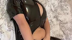 Big natural tits in latex get kneaded during masturbation!