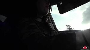 Brunette Drives Barefoot In Outdoor Car