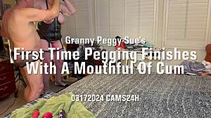 Granny Peggy Sue’s First Pegging Ends With Cum-Filled Mouth In POV