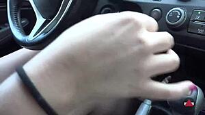 Brunette Drives Barefoot In Outdoor Car