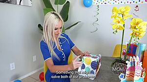 Blonde milf stepmom surprises with big tits gift on birthday night