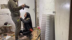 step mom unexpectedly sucks her step son, the construction worker, and he cums in mouth