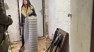 step mom unexpectedly sucks her step son, the construction worker, and he cums in mouth