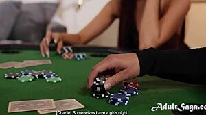 suggestive poker game turns wild with licking, striptease, and scissoring after husband sleeps