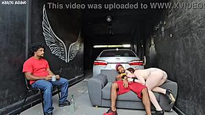 friend's girlfriend dances close, feels my hard cock, and screws me in front of him