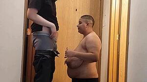 Bald head slut with big tits sucks cock, gets ear fucked, and cum in ear