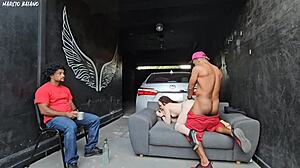 friend's girlfriend dances close, feels my hard cock, and screws me in front of him