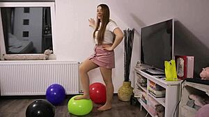 Girl Plays With Balloons In Stockings And Pantyhose