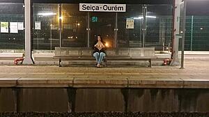 Stranger Seduces and Fucks in Outdoor Public Train Station with Creampie Cumshot. Bent Over Doggystyle in Jeans and Heels.