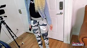 Skinny Blonde Cutie Sassy Enjoys Sucking Big Hard Cock with Ball Licking and Fingering. She Gets Jizzed on Small Tits in POV Rimjob Session