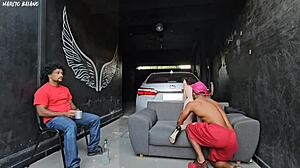 friend's girlfriend dances close, feels my hard cock, and screws me in front of him