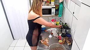 Sarah rosa cooks sexy in kitchen lingerie