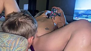 Sentence case Purple toy enters shy nurse patient in hospital. She grabs nipples and lights cigarette after monster drinks.