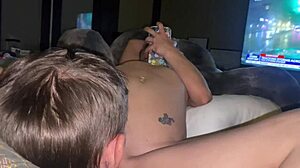 Sentence case Purple toy enters shy nurse patient in hospital. She grabs nipples and lights cigarette after monster drinks.