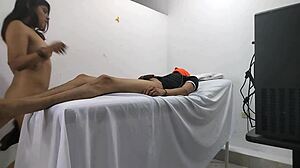 change of plans, doctor was going to massage female patient but she turned out to be a whore and set him up quick