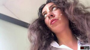 Walking with cum on face in cafe - girl eats pizza and swallows cum - cumwalk