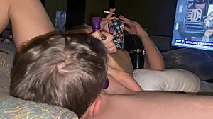 Sentence case Purple toy enters shy nurse patient in hospital. She grabs nipples and lights cigarette after monster drinks.