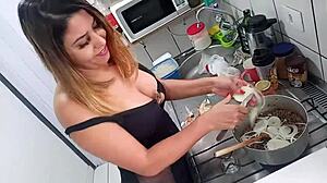 Sarah rosa cooks sexy in kitchen lingerie