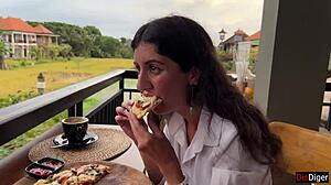Walking with cum on face in cafe - girl eats pizza and swallows cum - cumwalk