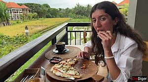 Walking with cum on face in cafe - girl eats pizza and swallows cum - cumwalk