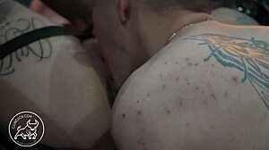 In this femdom scene, the girl pegs the cuckold in a human centipede setup