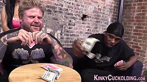 Tattooed cuckolder fucked in hardcore threesome with big cock 😈. Humiliation and blowjob action