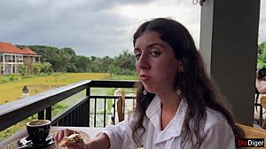 Walking with cum on face in cafe - girl eats pizza and swallows cum - cumwalk