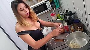 Sarah rosa cooks sexy in kitchen lingerie