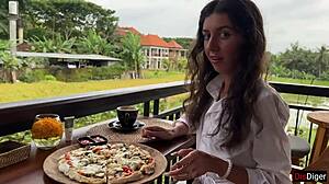 Walking with cum on face in cafe - girl eats pizza and swallows cum - cumwalk