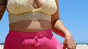 Almost Naked Flashing Big Pussy At Beach Lover