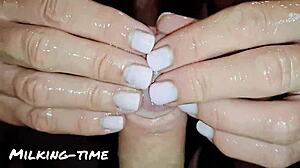Specific pretty pink nails make him cum four times during british femdom handjob milking session with oiled mistress wife.