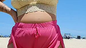 Almost Naked Flashing Big Pussy At Beach Lover